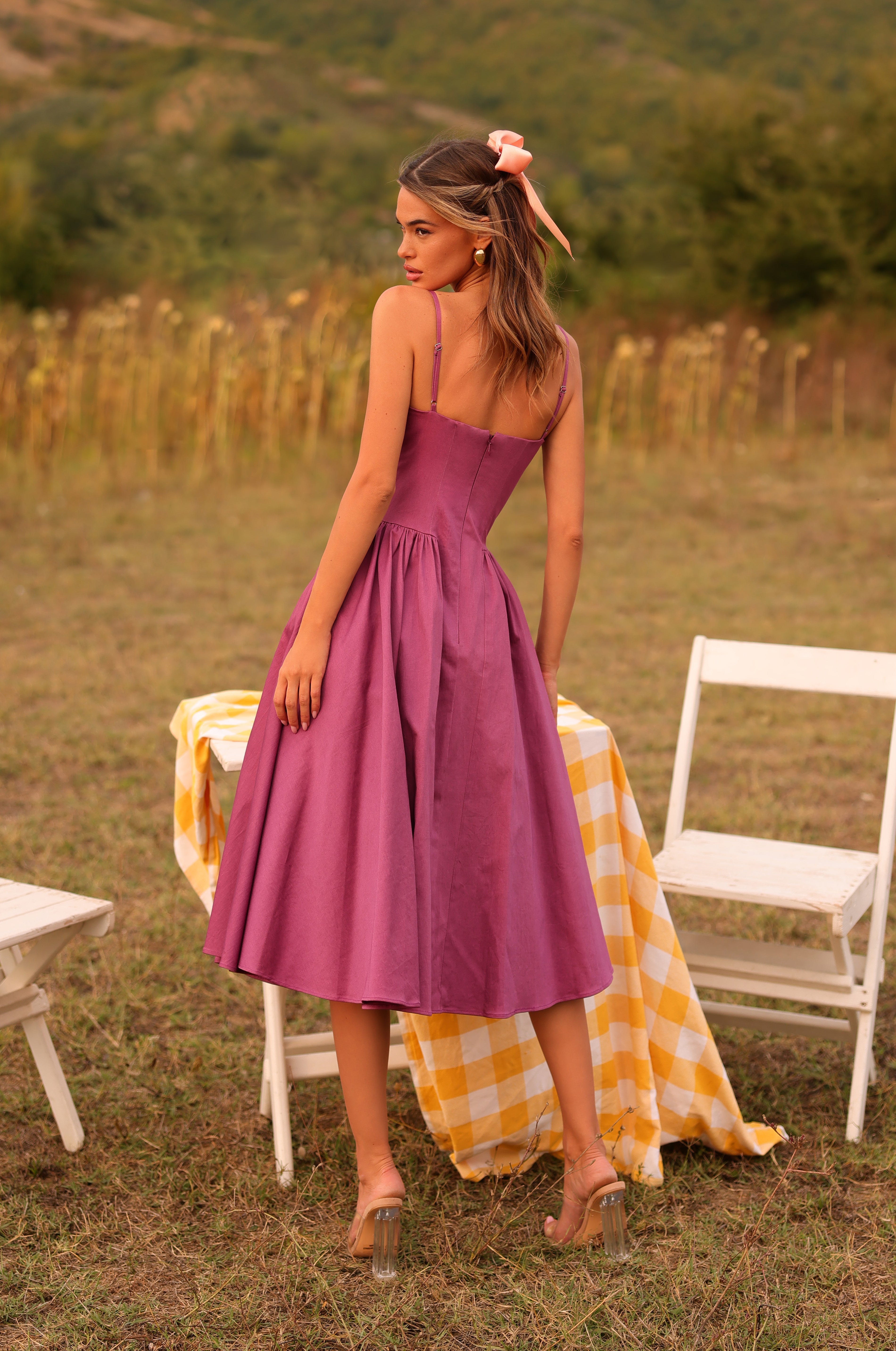 Damson purple corset midi dress with spaghetti straps